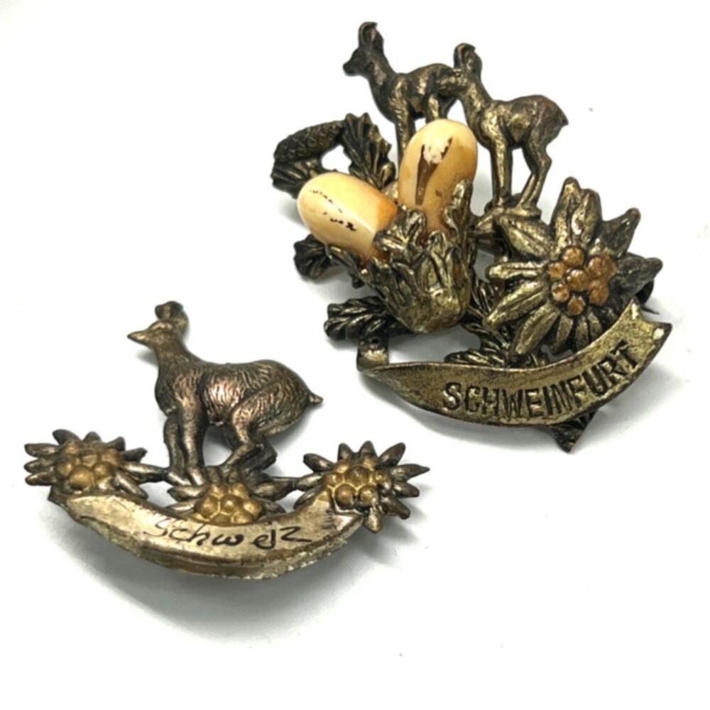 Vintage set of 2 Bavarian souvenir brooches deer  Forest Animals bronze pin